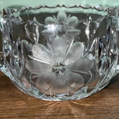Cut Lead Crystal - Dual Handle SUGAR BOWL Flower Etchings - Sawtooth Edge - Thumbnail 2