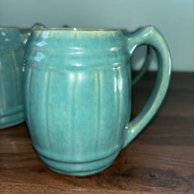 VTG 1920's MCCOY Set Of 4 Blue Green Stoneware Barrel Mugs Tankard Set Coffee - Thumbnail 6