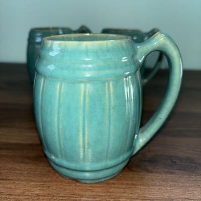 VTG 1920's MCCOY Set Of 4 Blue Green Stoneware Barrel Mugs Tankard Set Coffee - Thumbnail 8