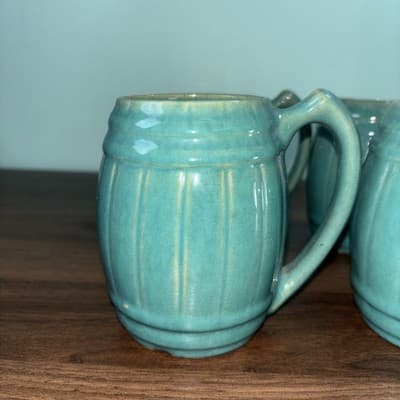 VTG 1920's MCCOY Set Of 4 Blue Green Stoneware Barrel Mugs Tankard Set Coffee - Thumbnail 3
