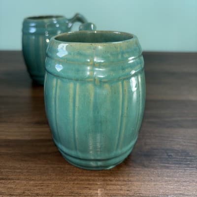VTG 1920's MCCOY Set Of 4 Blue Green Stoneware Barrel Mugs Tankard Set Coffee - Thumbnail 16