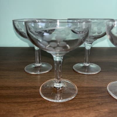 Set 5 Vintage Etched Grapevine Champagne Coupe Cocktail Crystal Glasses, 4.4” - Thumbnail 3