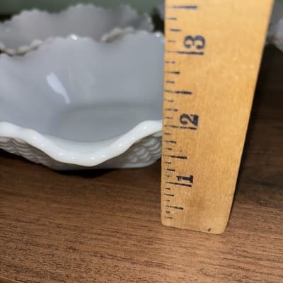 4 Vintage Hazel Atlas Milk Glass Ruffle Edge Diamond Square Pattern Candy Dish - Thumbnail 10