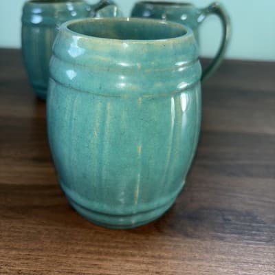VTG 1920's MCCOY Set Of 4 Blue Green Stoneware Barrel Mugs Tankard Set Coffee - Thumbnail 11