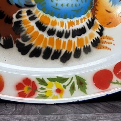 Enamel Turkey Platter Oval Plate Thanksgiving Decor Farmhouse Bright Colors VTG - Thumbnail 4