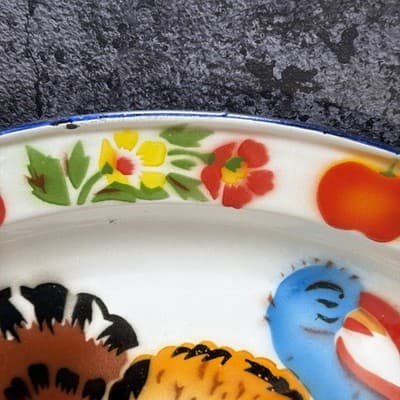 Enamel Turkey Platter Oval Plate Thanksgiving Decor Farmhouse Bright Colors VTG - Thumbnail 6