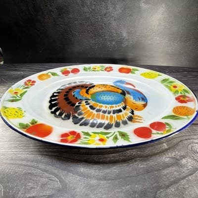 Enamel Turkey Platter Oval Plate Thanksgiving Decor Farmhouse Bright Colors VTG - Thumbnail 13