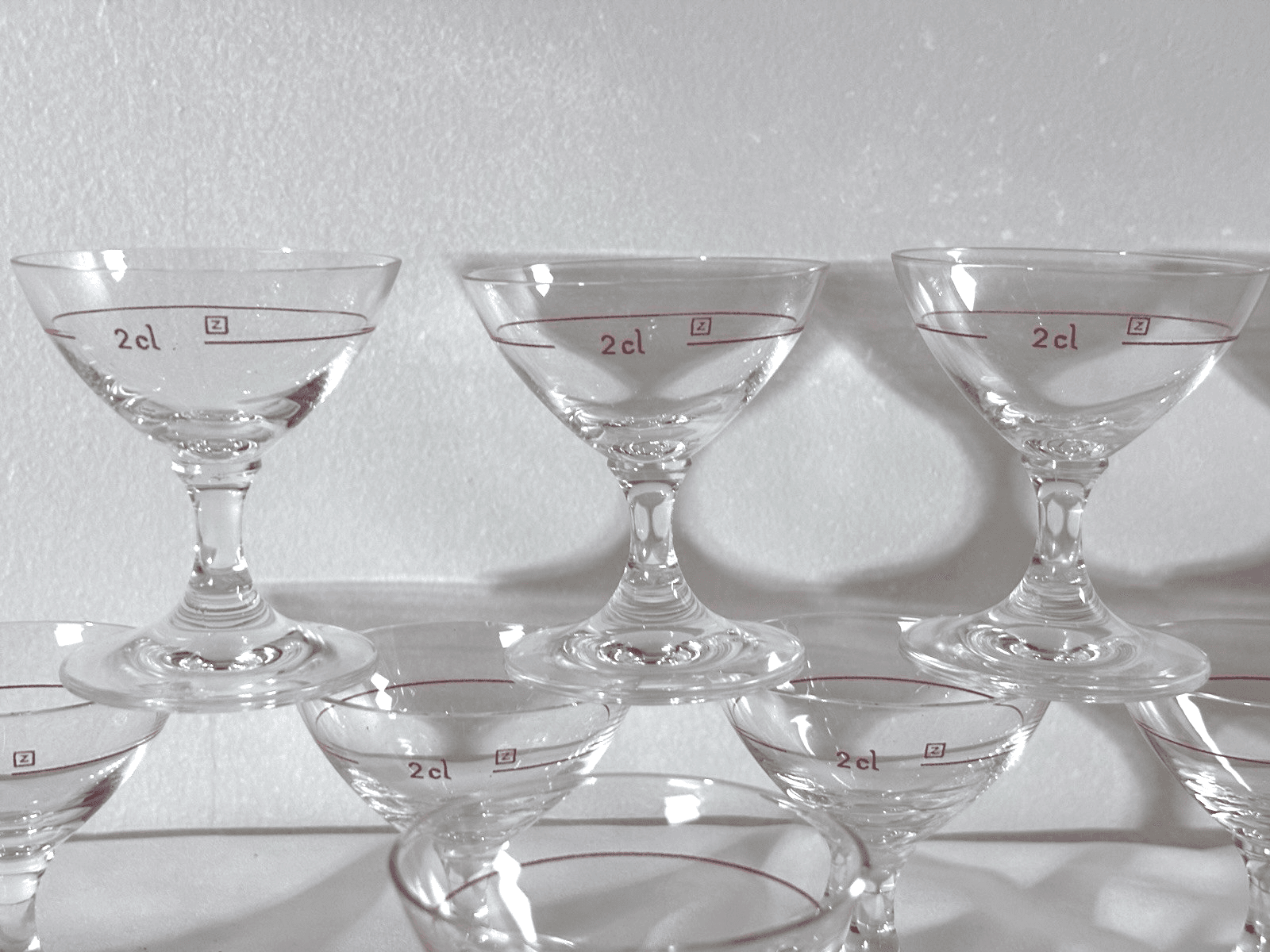 Set of 8 VTG 1970's Schott Zwiesel Stemmed 2 Cl Shot Glasses Red Line Marked - Thumbnail 4