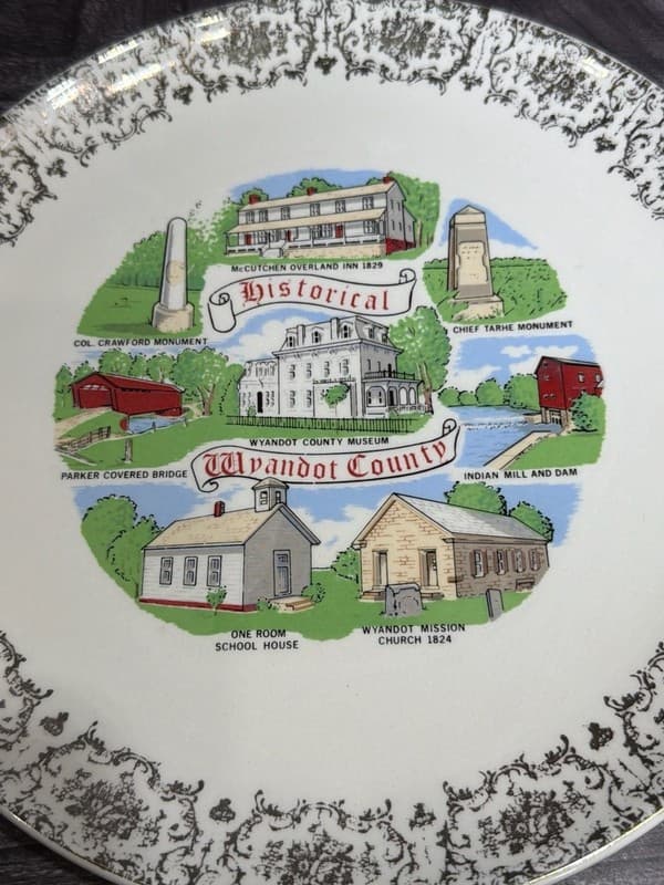 Vintage Historical Wyandot County Ohio Souvenir Collector Plate Gold Filigree 9. - Thumbnail 3
