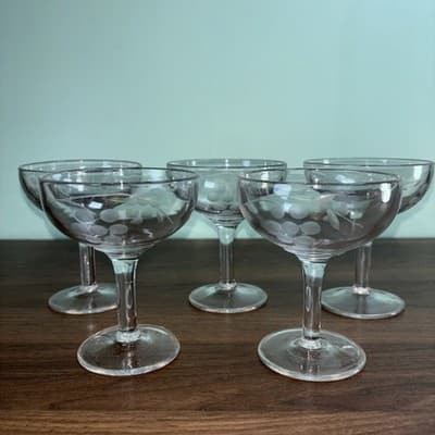 Set 5 Vintage Etched Grapevine Champagne Coupe Cocktail Crystal Glasses, 4.4” - Thumbnail 2
