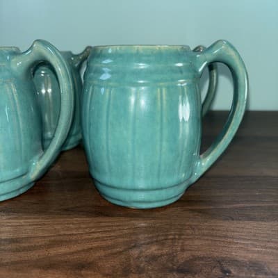 VTG 1920's MCCOY Set Of 4 Blue Green Stoneware Barrel Mugs Tankard Set Coffee - Thumbnail 2