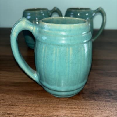 VTG 1920's MCCOY Set Of 4 Blue Green Stoneware Barrel Mugs Tankard Set Coffee - Thumbnail 10