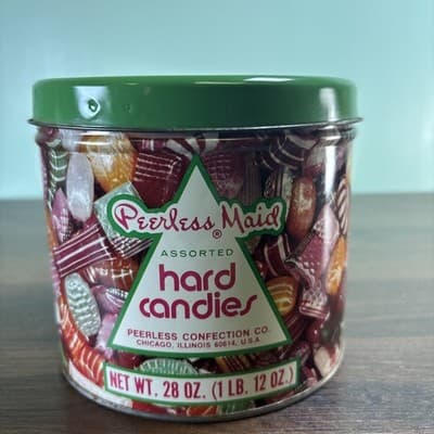 Vintage Peerless Maid Assorted Hard Candies Tin Container Chicago Green Lid - Thumbnail 2