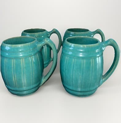 VTG 1920's MCCOY Set Of 4 Blue Green Stoneware Barrel Mugs Tankard Set Coffee