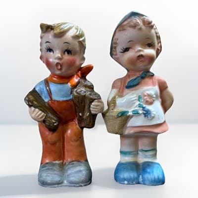 Enesco Boy & Girl Salt And Pepper Shakers Carrying Wood Apron Watering Can