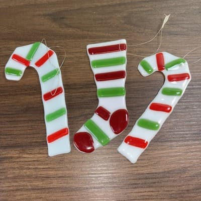 2 Christmas Stocking Candy Canes 5.75” Fused Art Glass Holiday Hanging Ornamen