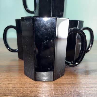 Arcoroc Octime Black Glass Octagon Set Of 4 Glasses Coffee Mugs France Vintage - Thumbnail 2