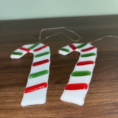 2 Christmas Stocking Candy Canes 5.75” Fused Art Glass Holiday Hanging Ornamen - Thumbnail 4
