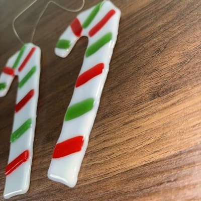 2 Christmas Stocking Candy Canes 5.75” Fused Art Glass Holiday Hanging Ornamen - Thumbnail 5