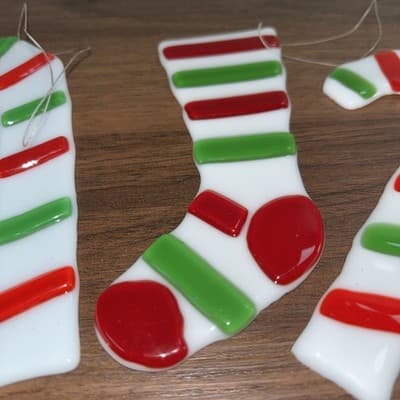 2 Christmas Stocking Candy Canes 5.75” Fused Art Glass Holiday Hanging Ornamen - Thumbnail 2