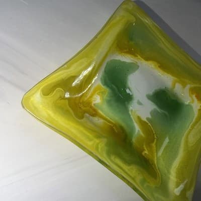 Swirls Colorful Fused Art Glass Square Handkerchief Trinket Dish Green Yellow - Thumbnail 12