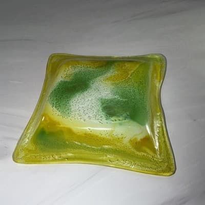 Swirls Colorful Fused Art Glass Square Handkerchief Trinket Dish Green Yellow - Thumbnail 2