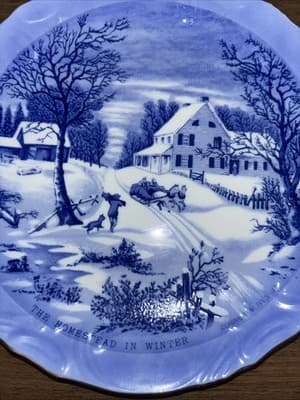 Vintage The Homestead in Winter Currier & Ives, Blue White Plate 8" Japan - Thumbnail 3