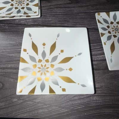Set of 4 2012 Crate & Barrel Silver Gold Snowflake Square Appetizer Plates - Thumbnail 6