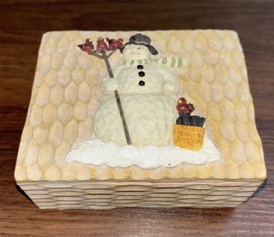 Carved Wood Look Christmas Box Snowman Red Birds Decor Gift Lid Keepsake Holiday - Thumbnail 2