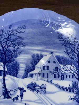 Vintage The Homestead in Winter Currier & Ives, Blue White Plate 8" Japan - Thumbnail 5