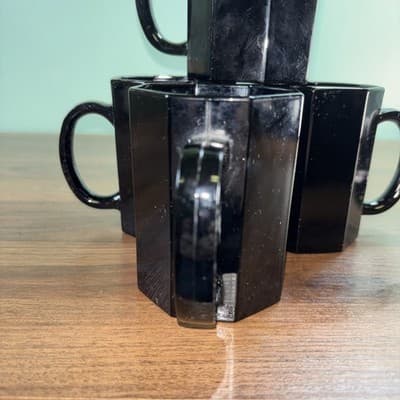Arcoroc Octime Black Glass Octagon Set Of 4 Glasses Coffee Mugs France Vintage - Thumbnail 3