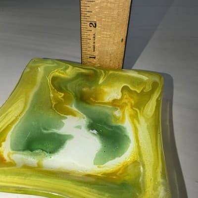 Swirls Colorful Fused Art Glass Square Handkerchief Trinket Dish Green Yellow - Thumbnail 10