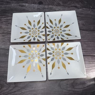 Set of 4 2012 Crate & Barrel Silver Gold Snowflake Square Appetizer Plates