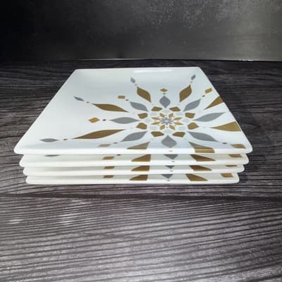 Set of 4 2012 Crate & Barrel Silver Gold Snowflake Square Appetizer Plates - Thumbnail 10