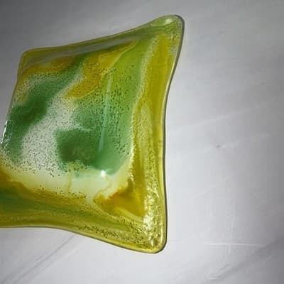 Swirls Colorful Fused Art Glass Square Handkerchief Trinket Dish Green Yellow - Thumbnail 6