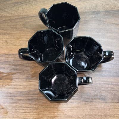 Arcoroc Octime Black Glass Octagon Set Of 4 Glasses Coffee Mugs France Vintage - Thumbnail 8