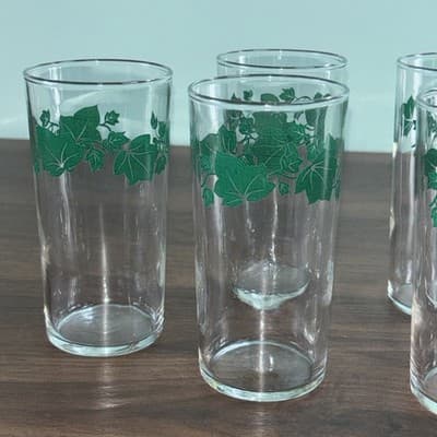 (6) VTG Federal Glass Southern Ivy Leaf Tumbler Glasses Country Kitchen Table - Thumbnail 3