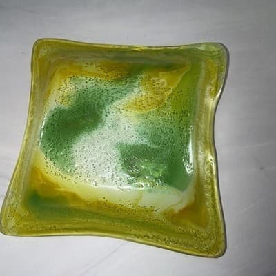Swirls Colorful Fused Art Glass Square Handkerchief Trinket Dish Green Yellow - Thumbnail 3