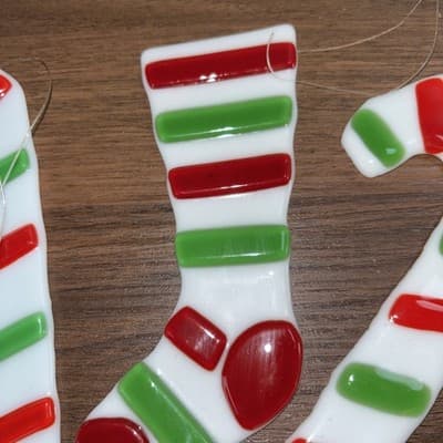 2 Christmas Stocking Candy Canes 5.75” Fused Art Glass Holiday Hanging Ornamen - Thumbnail 11