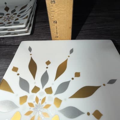Set of 4 2012 Crate & Barrel Silver Gold Snowflake Square Appetizer Plates - Thumbnail 9