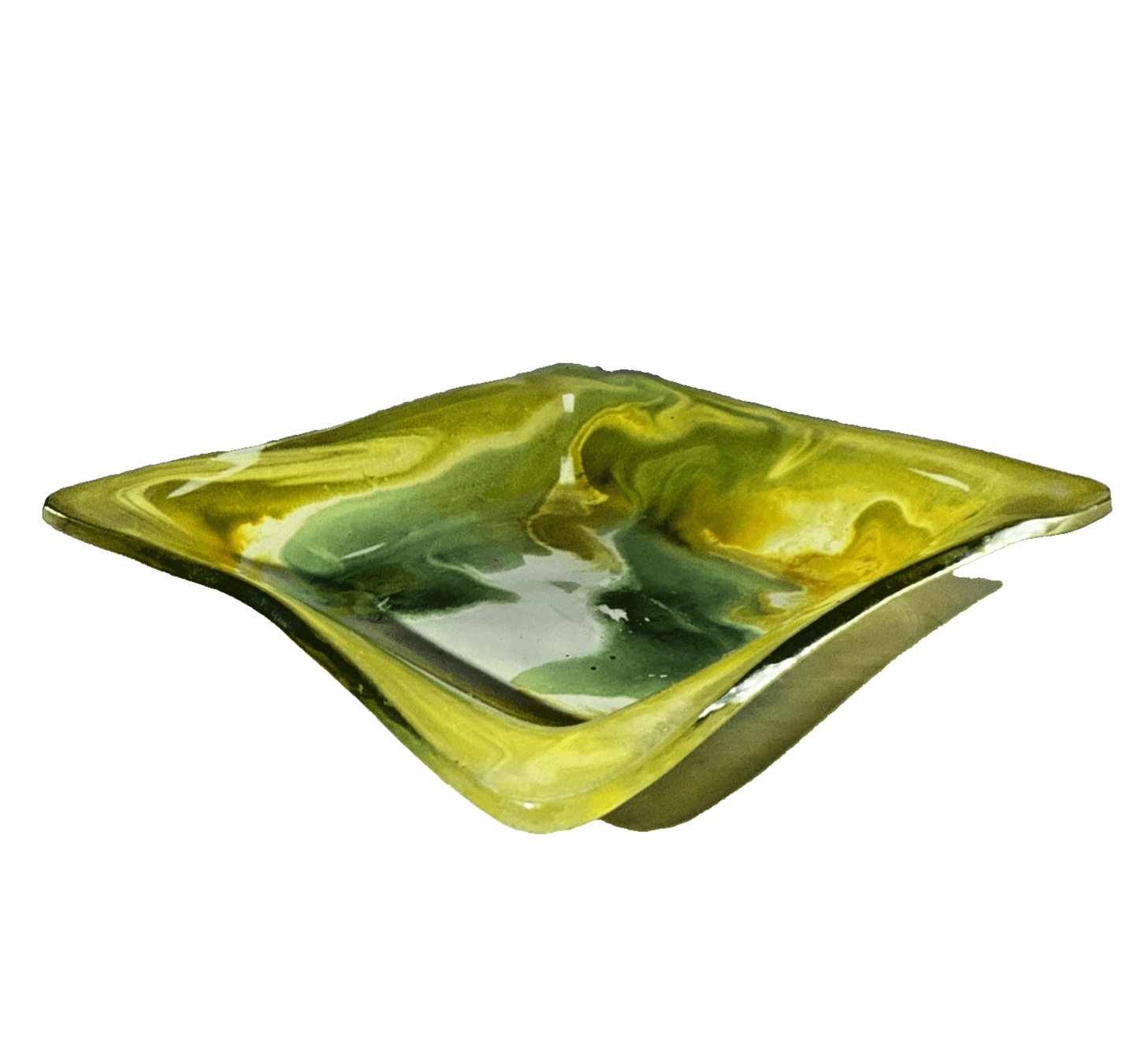 Swirls Colorful Fused Art Glass Square Handkerchief Trinket Dish Green Yellow