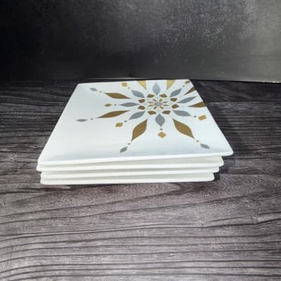 Set of 4 2012 Crate & Barrel Silver Gold Snowflake Square Appetizer Plates - Thumbnail 13