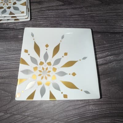 Set of 4 2012 Crate & Barrel Silver Gold Snowflake Square Appetizer Plates - Thumbnail 7