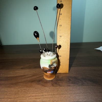 Vintage Hand Painted Porcelain Hat / Hair Pin Holder w/ Victorian Pins - Thumbnail 15