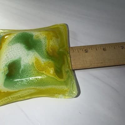 Swirls Colorful Fused Art Glass Square Handkerchief Trinket Dish Green Yellow - Thumbnail 11
