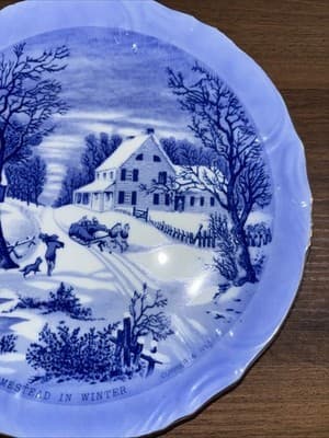 Vintage The Homestead in Winter Currier & Ives, Blue White Plate 8" Japan - Thumbnail 2