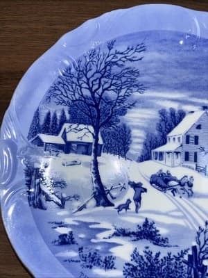 Vintage The Homestead in Winter Currier & Ives, Blue White Plate 8" Japan - Thumbnail 4