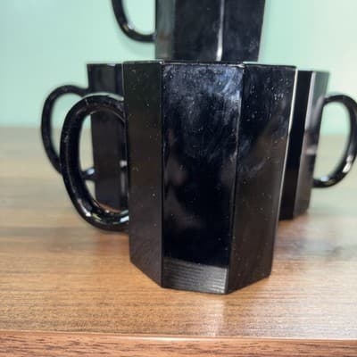 Arcoroc Octime Black Glass Octagon Set Of 4 Glasses Coffee Mugs France Vintage - Thumbnail 4