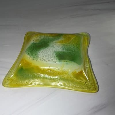 Swirls Colorful Fused Art Glass Square Handkerchief Trinket Dish Green Yellow - Thumbnail 4