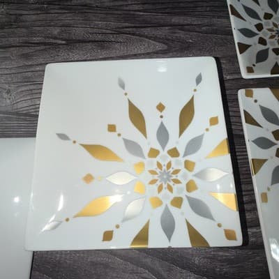 Set of 4 2012 Crate & Barrel Silver Gold Snowflake Square Appetizer Plates - Thumbnail 5